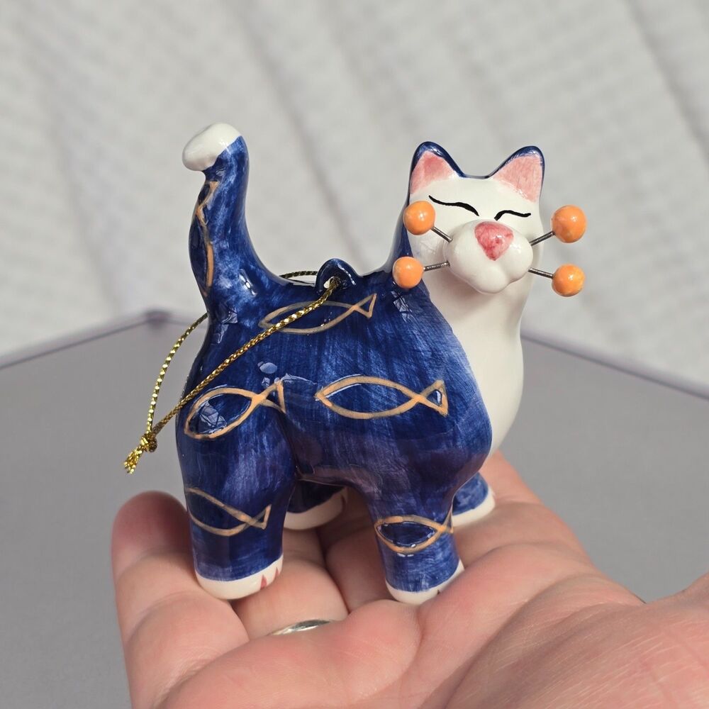 Amy Lacombe WhimsiClay Blue Fish Cat Ornament 2002 Holidays Christmas Vintage